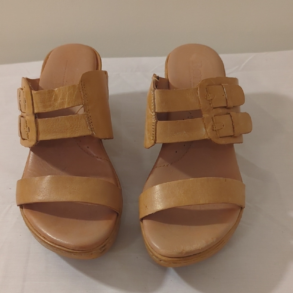 Born Tan Leather Mules with Double Buckle Design